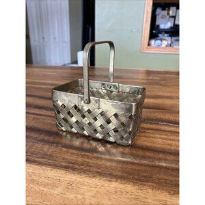Vintage Small Brass Woven Basket W/Handle